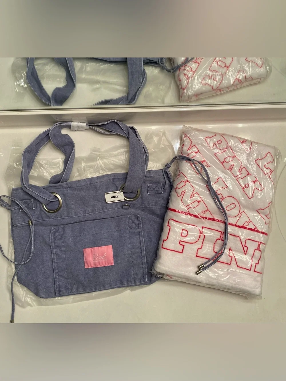 PINK Victoria's Secret Denim Flat Bottom Tote with Free Towel